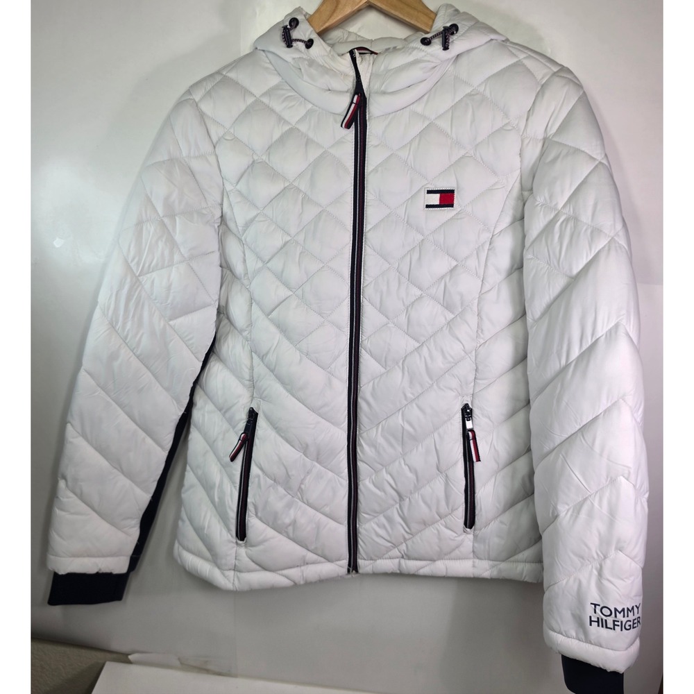 Tommy Hilfiger Puffer Jacket Womens Medium White Quilted Hooded Packable Coat